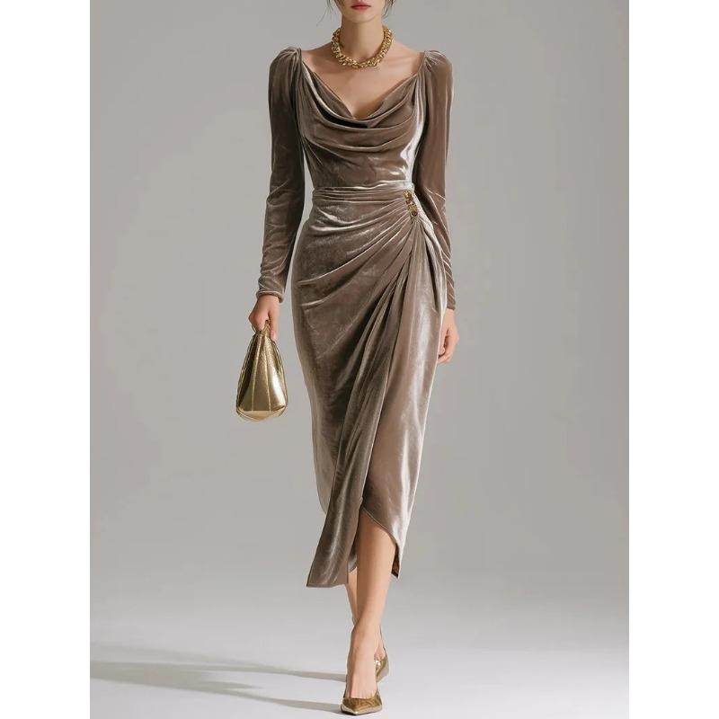 Women s Velvet Cowl Neck Long Sleeve Ruched Bodycon Midi Dress with Slit S коричневый