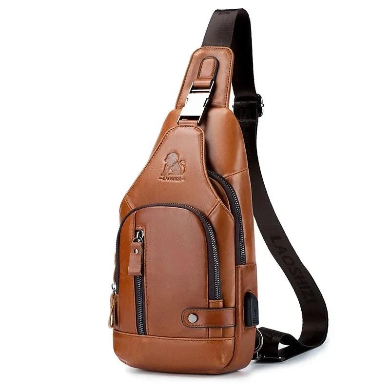 New 100% Genuine Leather Chest Bag Men's Fashion Style Casual Crossbody Bags With USB Large Capacity Men's Shoulder Bag