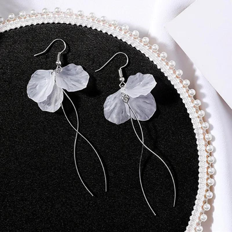 Korean Acrylic Big Flower Tassel Drop Earrings For Women Sweet White Petals Brincos Wedding Party Jewelry Girl Gift
