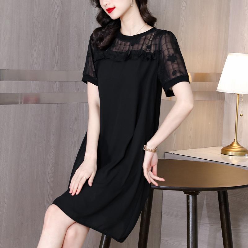 Women's Black Chiffon Summer Dress - Short Sleeves, Slimming, Plus Size, Loose Fit, 2026 New Style for Middle-Aged Mothers