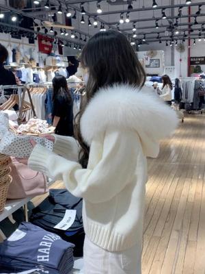 Korean-Style Fur Collar Hooded Cardigan Sweater for Autumn/Winter