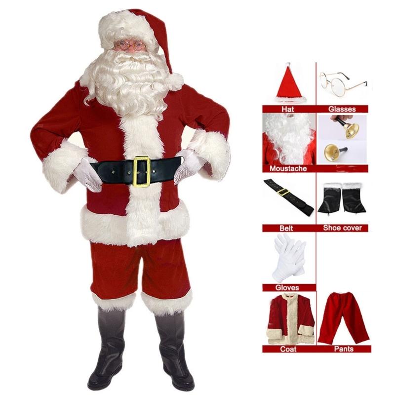 Santa Suit Christmas Santa Clauses Costume for Men Adults 9Pcs Santa Costume Outfits Funny Santa Bear Hat Eyeglass