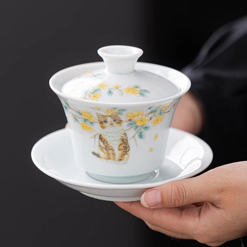 Schatten-Celadon Deckelschale, Teetasse, Weiße Porzellan Schwebende Teeschale mit Deckel, Sancai Keramik Kung Fu Haushalts-Teeset