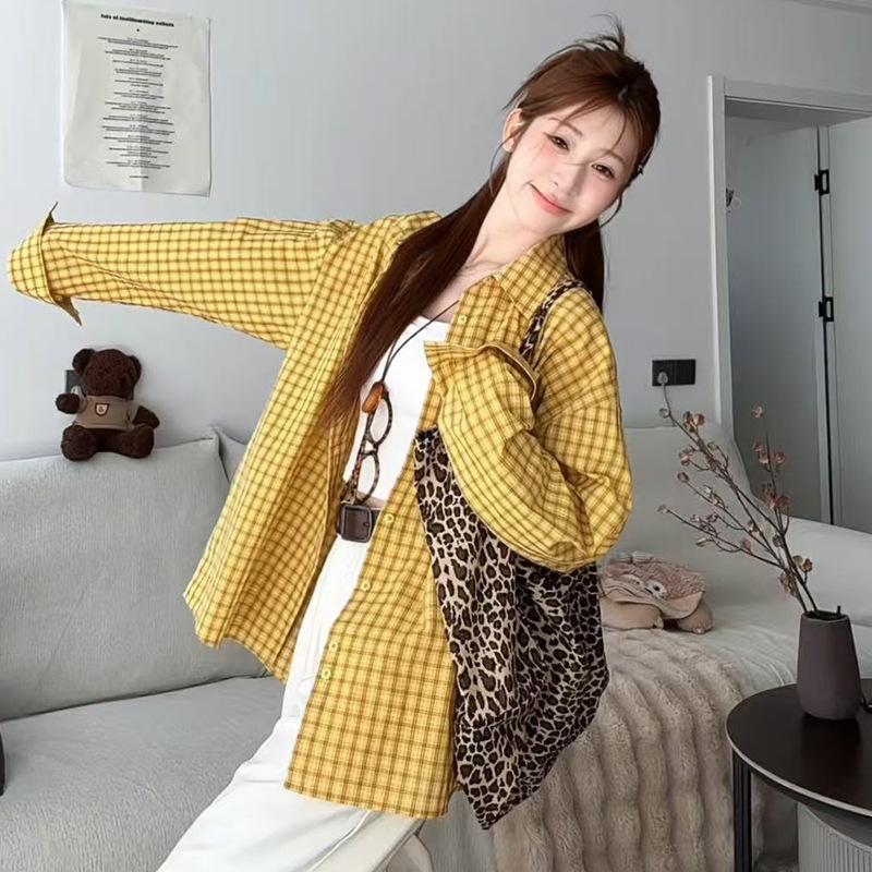 

Корейская красная клетчатая рубашка для женщин на лето Новая ленивая свободная повседневная рубашка Куртка для защиты от солнца M жёлтый