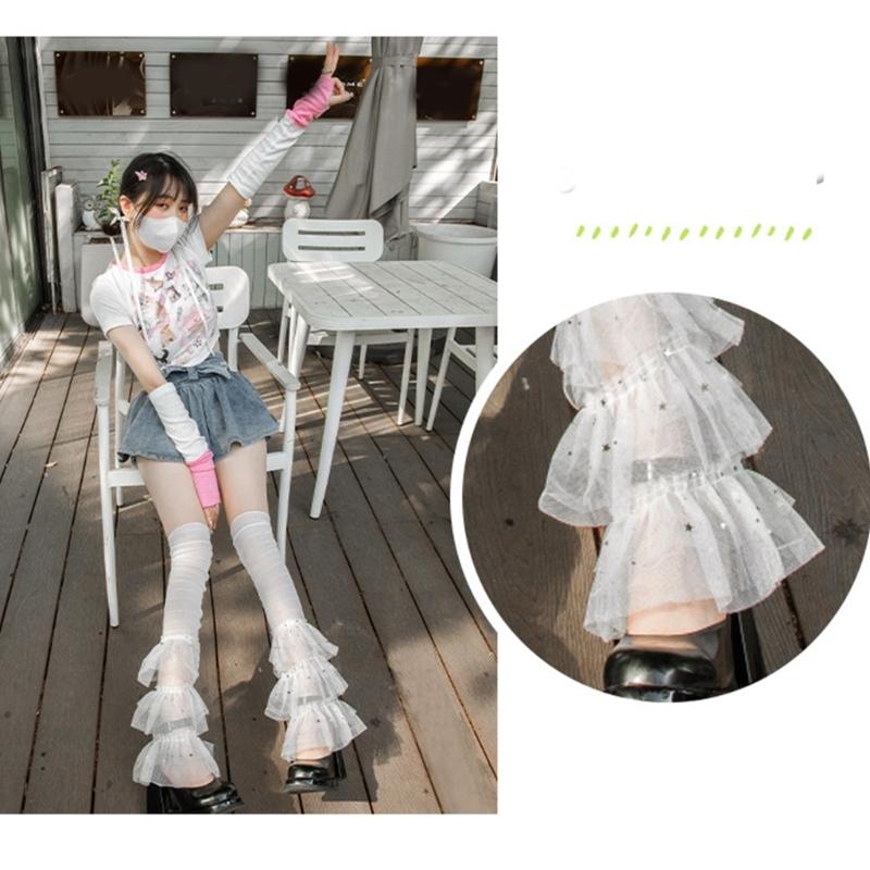 Women's Leg Warmers Fashion Ruffle Lace Leg Warmers Sheer Mesh Long Leg Socks Cute Lolitas Boot Socks Cosplay Costumes