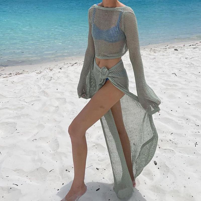 

Набор бинтов в европейском и американском стиле: Топ с длинными рукавами и юбка миди, пляжное платье Small циан