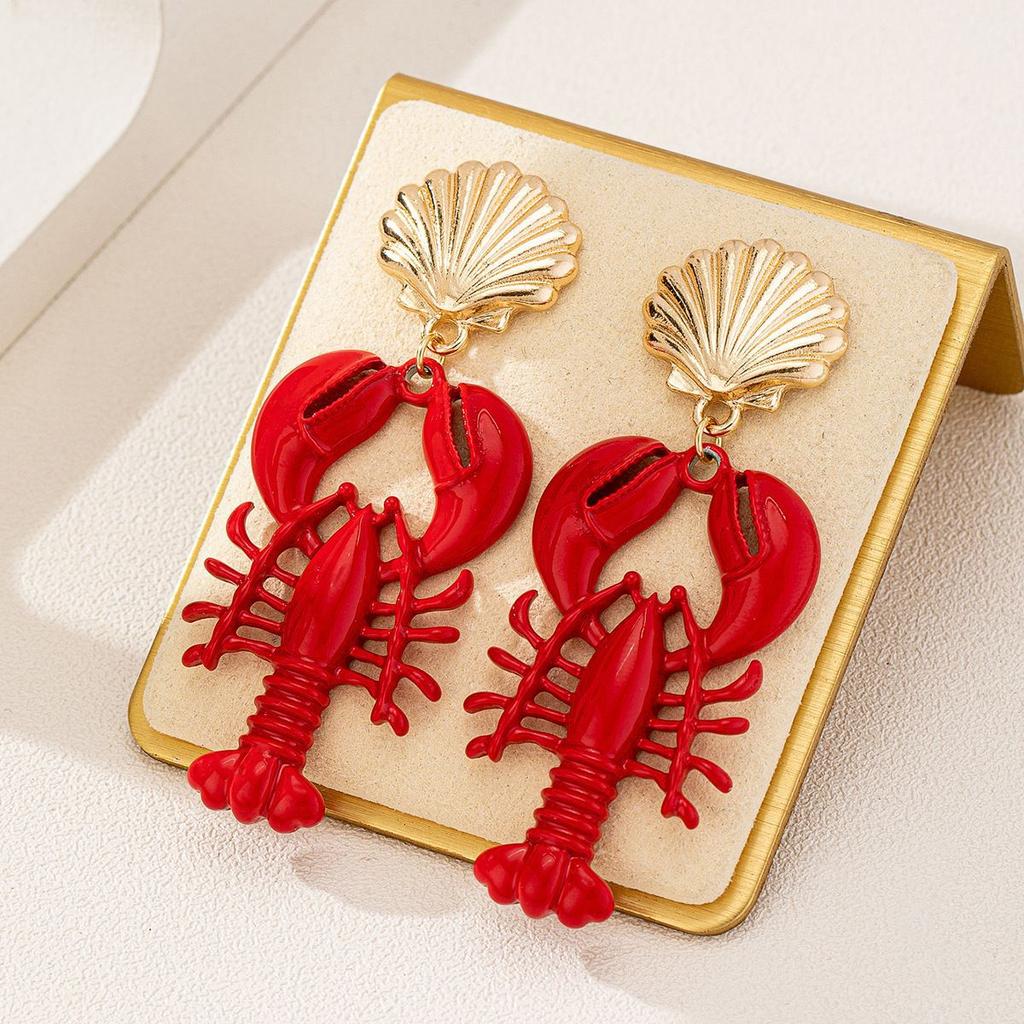 Hot Sale Marine Life Series Red Lacquer Lobster Earrings Metal Shell Earrings Ladies Wear Earrings