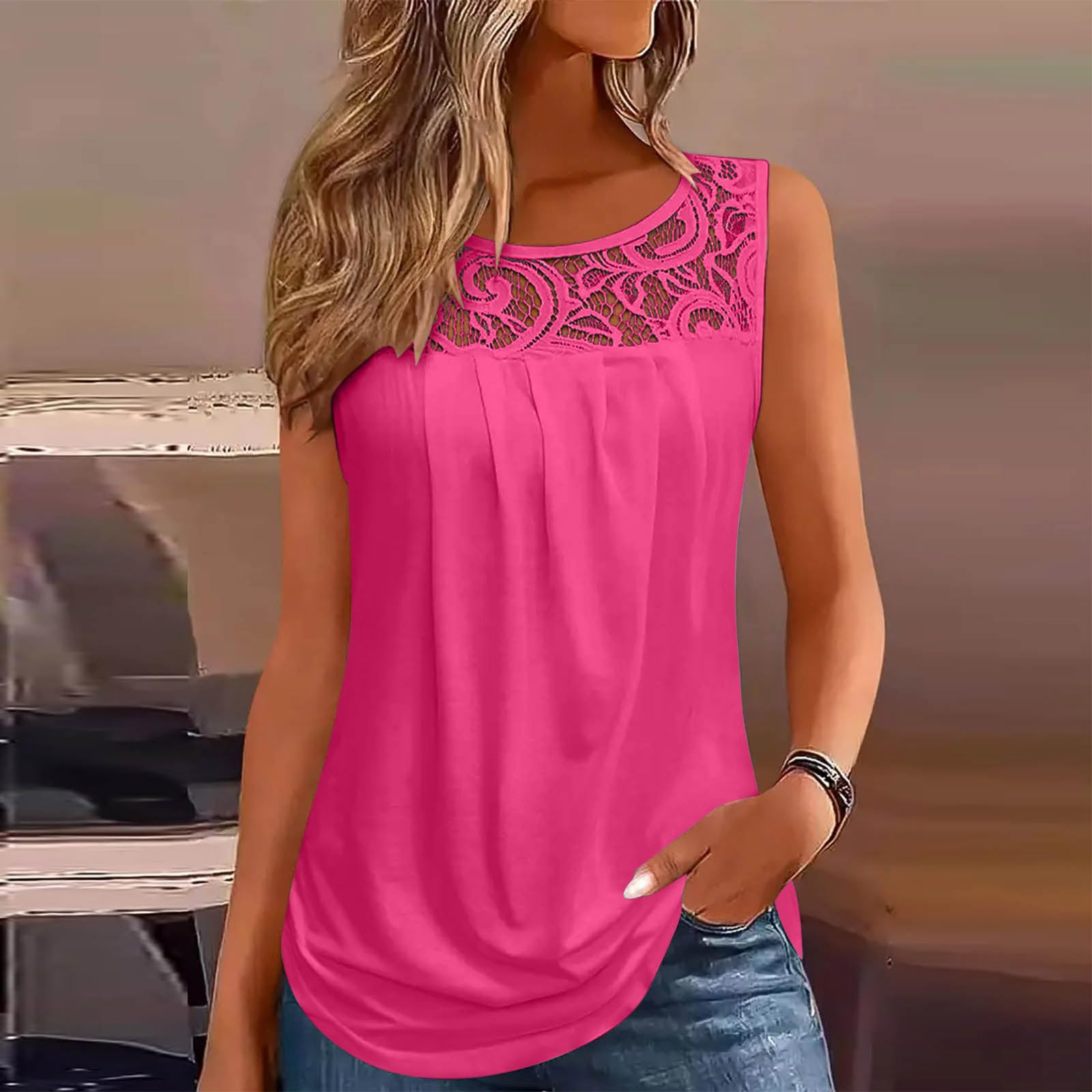 

Women s Loose-Fit Pleated Lace Sleeveless Top XL