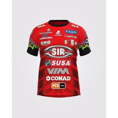 Sir Safety Susa Vim Perugia Koszulka - Czerwona z Wieloma Logo Sponsorów Branding Drużyny Oficjalna Koszulka Siatkarska dla Fanów Kibiców