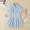 VONDA Robe Chemise Mini Rayée Décontractée à Manches Courtes et Col Revers d'Été pour Femme
