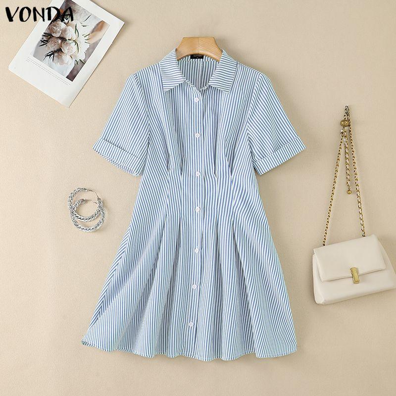 VONDA Robe Chemise Mini Rayée Décontractée à Manches Courtes et Col Revers d'Été pour Femme