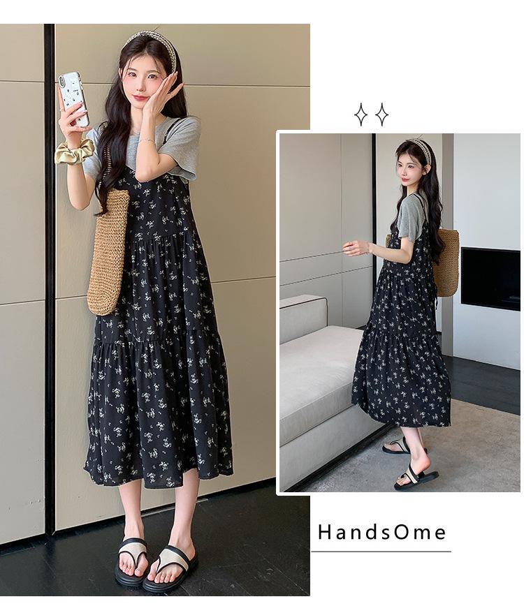 2026 Summer Korean Style Maternity Cotton & Chiffon Two-Piece T-shirt Dress