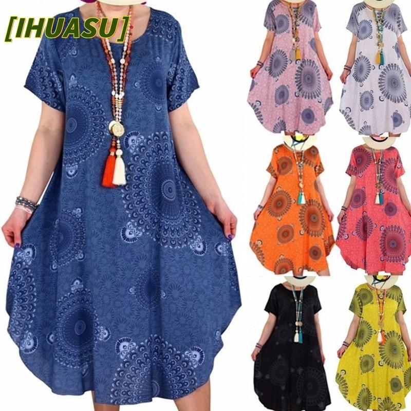 IHUASU Fashion Summer Spring Short Sleeve O-Neck Casual Dresses