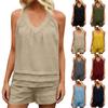 Women's Fashion Casual Plain V-neck Sleeveless Shirt And Shorts Loose-fit Two-piece Set