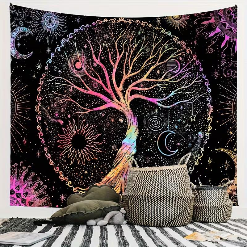 2D Regenbogen Baum des Lebens Wandteppich, Schwarzer Hintergrund Sonne Mond Stern Wandbehang, Mystische Landschaft Dekoration