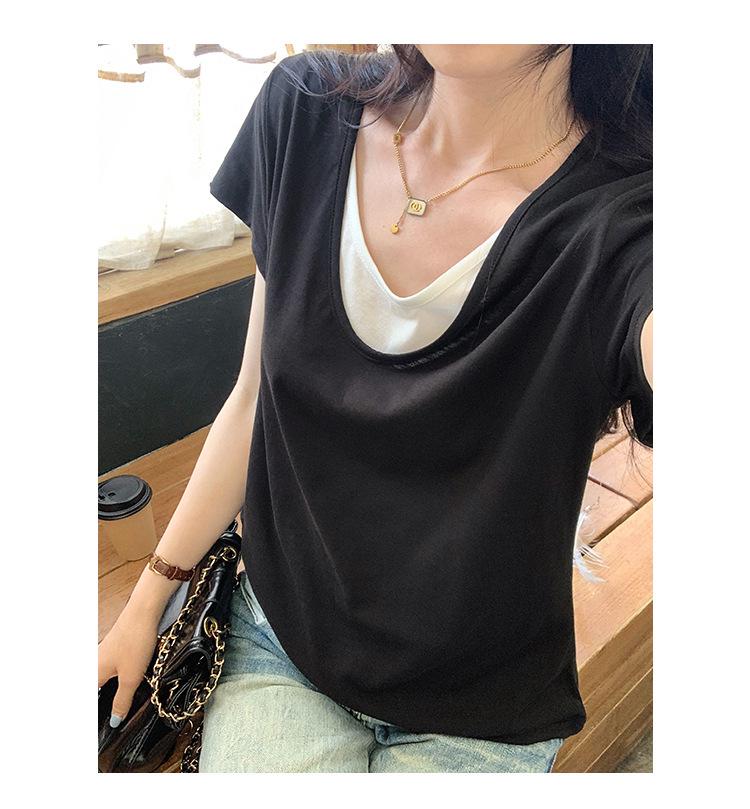 Women's Short-Sleeve V-Neck T-Shirt – Popular Loose Fit, Faux Two-Piece, Lazy Style Design