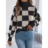 Women Casual High Neck Color Block Plaid Lantern Long Sleeve Pullover Sweater