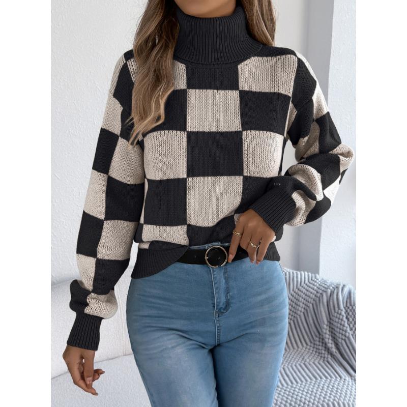 Women Casual High Neck Color Block Plaid Lantern Long Sleeve Pullover Sweater