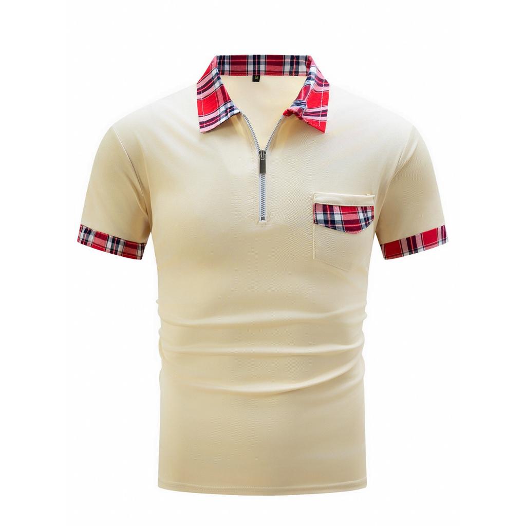 Neues Herren einfarbiges Collage-Taschen-Revers-Reißverschluss-Alltags-Freizeit-Kurzarm-Poloshirt