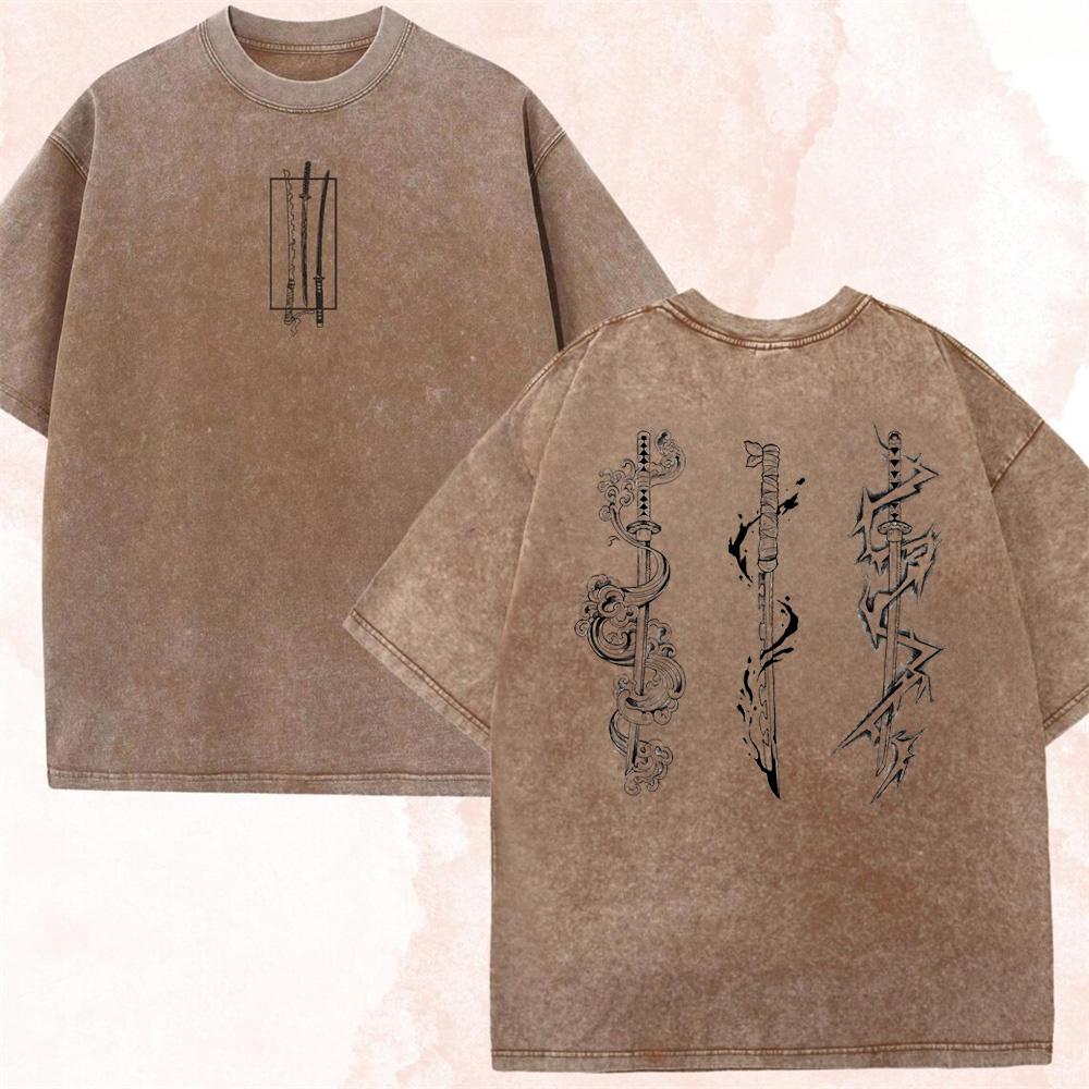 Demon Slayer Vintage Washed T-shirt Summer Casual Outdoor Daily Outfit Men's Harajuku Style T-shirt
