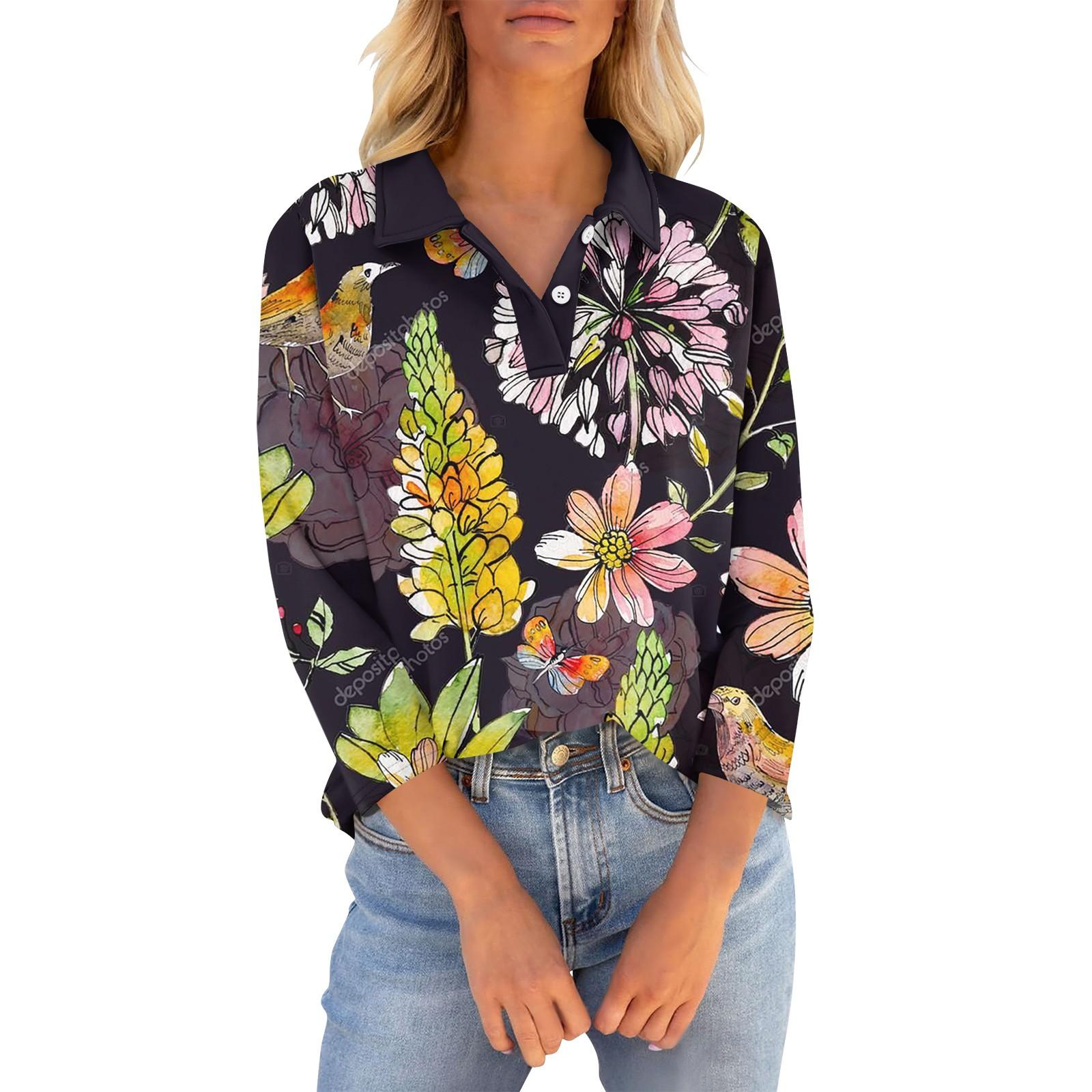 

Женские футболки с рукавом 3/4, летние рубашки на пуговицах с v-образным вырезом, повседневные свободные топы с воротником и принтом XL жёлтый