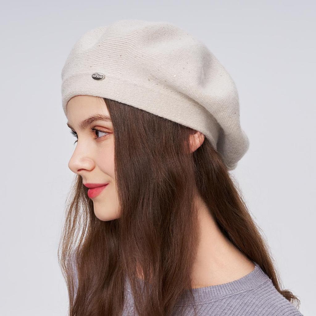 A Women's Beret Knitted Woolen Hat with Autumn and Winter Thick Ear Protection Wool Hat and Shiny Diamond Decoration