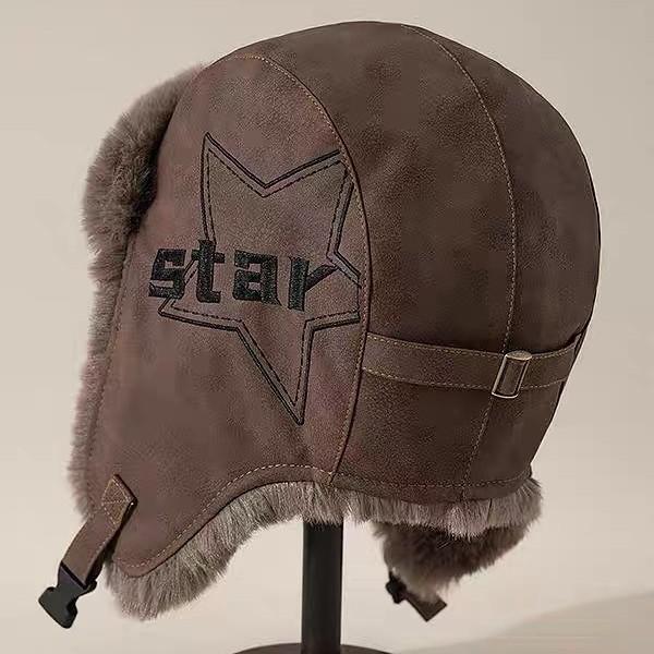 American Pilot Hat Men's and Women's Winter Velvet Thickened Warm Cycling Ear Protection Hat Retro Pu Leather Hat