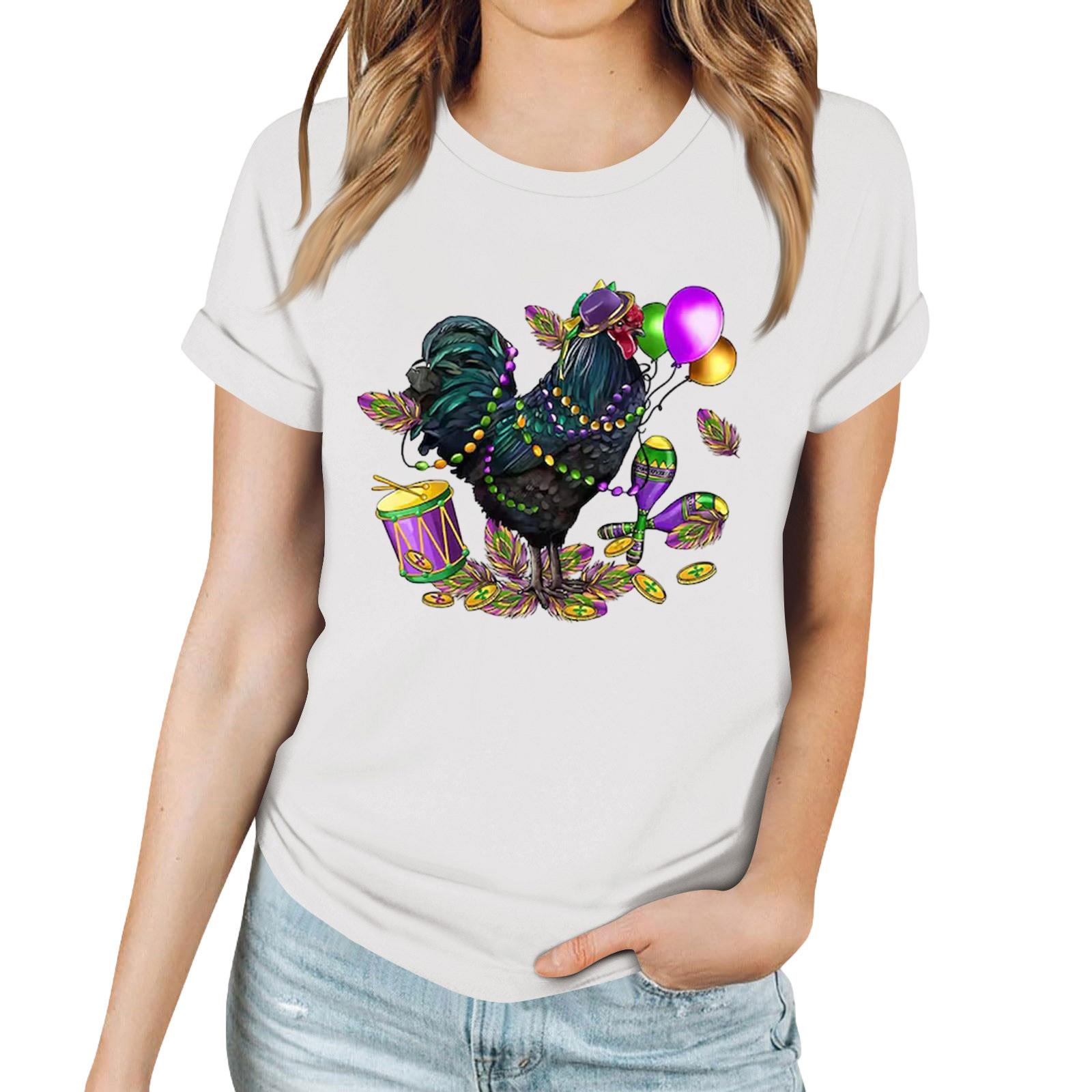 

Women s Casual Carnival Print T-Shirt Round Neck Pullover Short Sleeve Top M білий