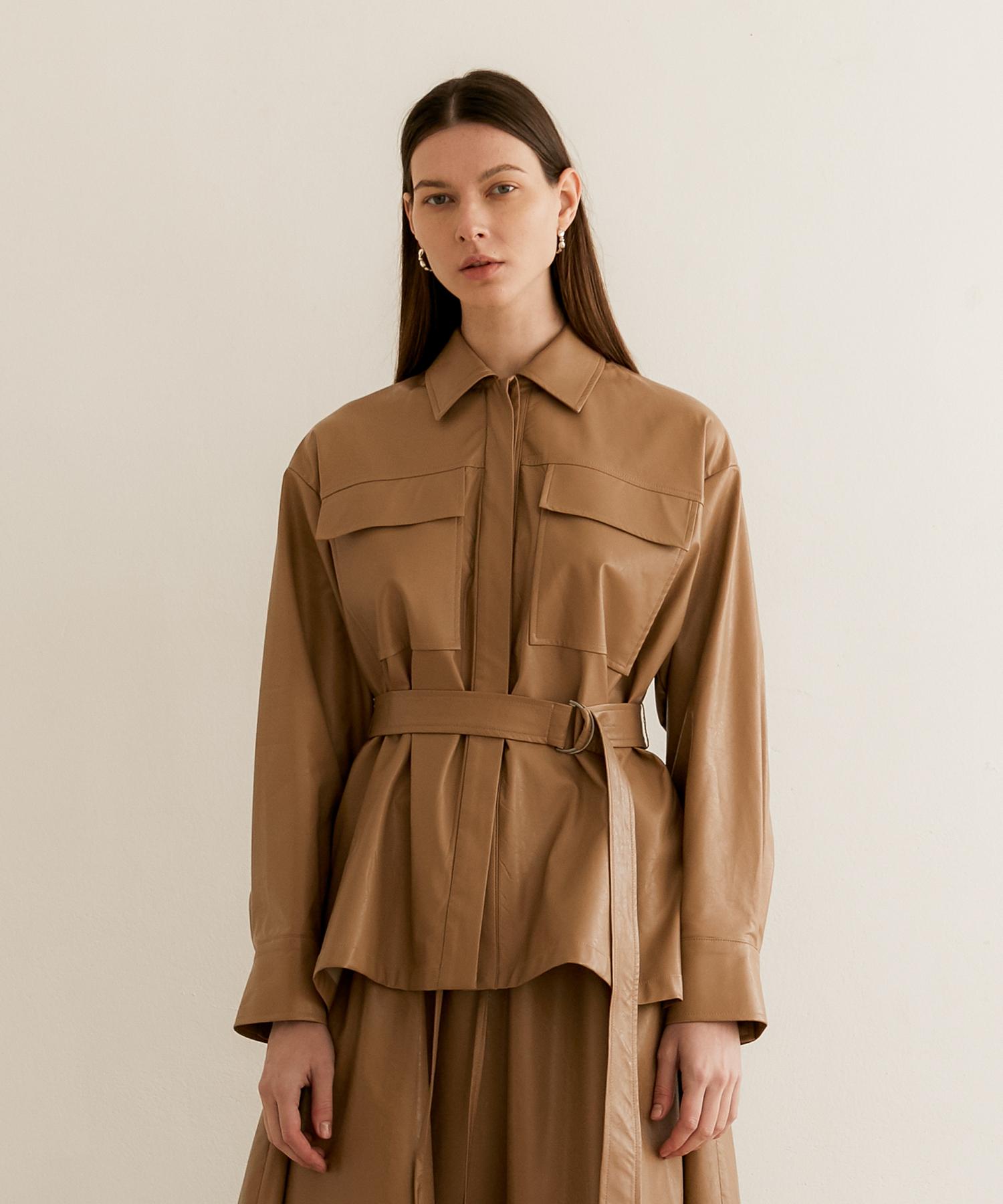 Modern Able Oversized Artificial Leather Shirt - Beige Free