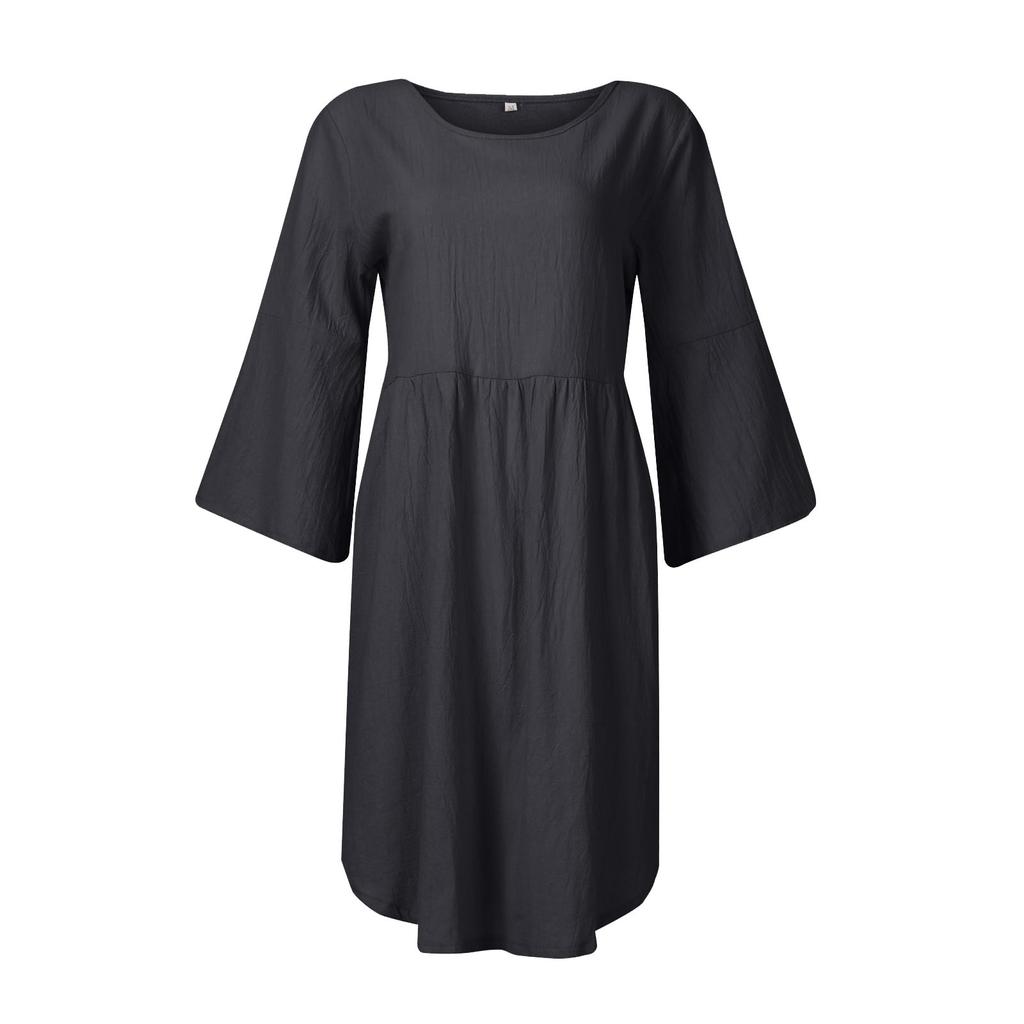 Women's Color Round Neck Seven-Part Sleeve Sub Bohemian Dress