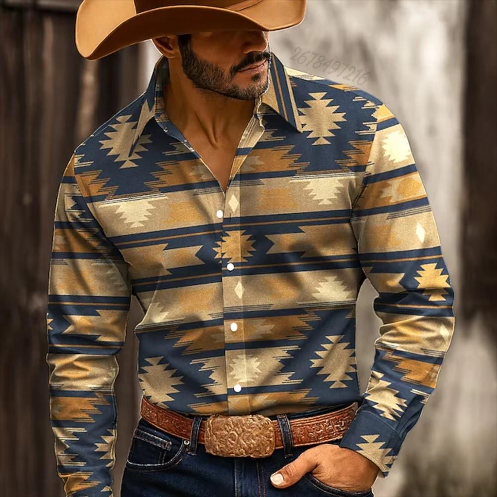 Autumn Winter New Men Clothes Ethnic Tribal Style 3D Digital Print Long Sleeve Shirt Tops Men Lapel Shirt