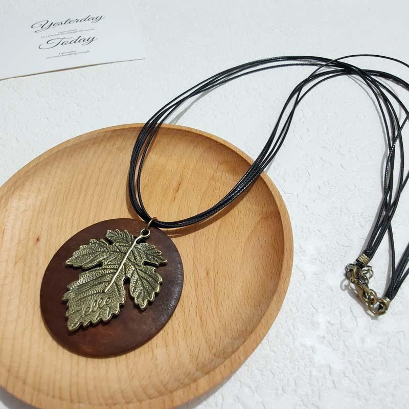 New Retro New Chinese Style Cotton and Linen Hollow Accessories Wooden Leaf Long Necklace Women's Necklace