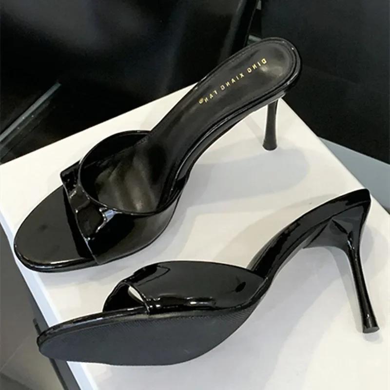 Fashion Fashion Thin High Heeled Slippers Women Sexy Round Toe Open Toe Patent Leather Slide Sandals Summer Elegant High Heels Sandalias