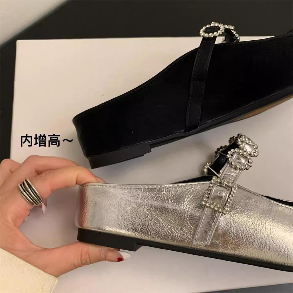 Celebrity High-end Square Head Bag Head Half Slippers Outer Wear 2025 Spring New Models with Skirt Rhinestone Chain Thick Bottom Sandals