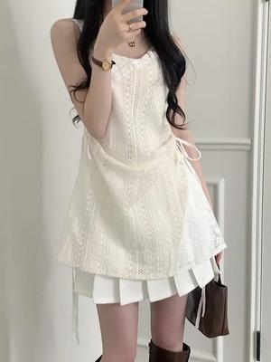 Summer Elegant New One Piece Dress Women Chic French Lace Sling Shirt Stacked Female Korean Fashion Inner Wear Base Short Dress