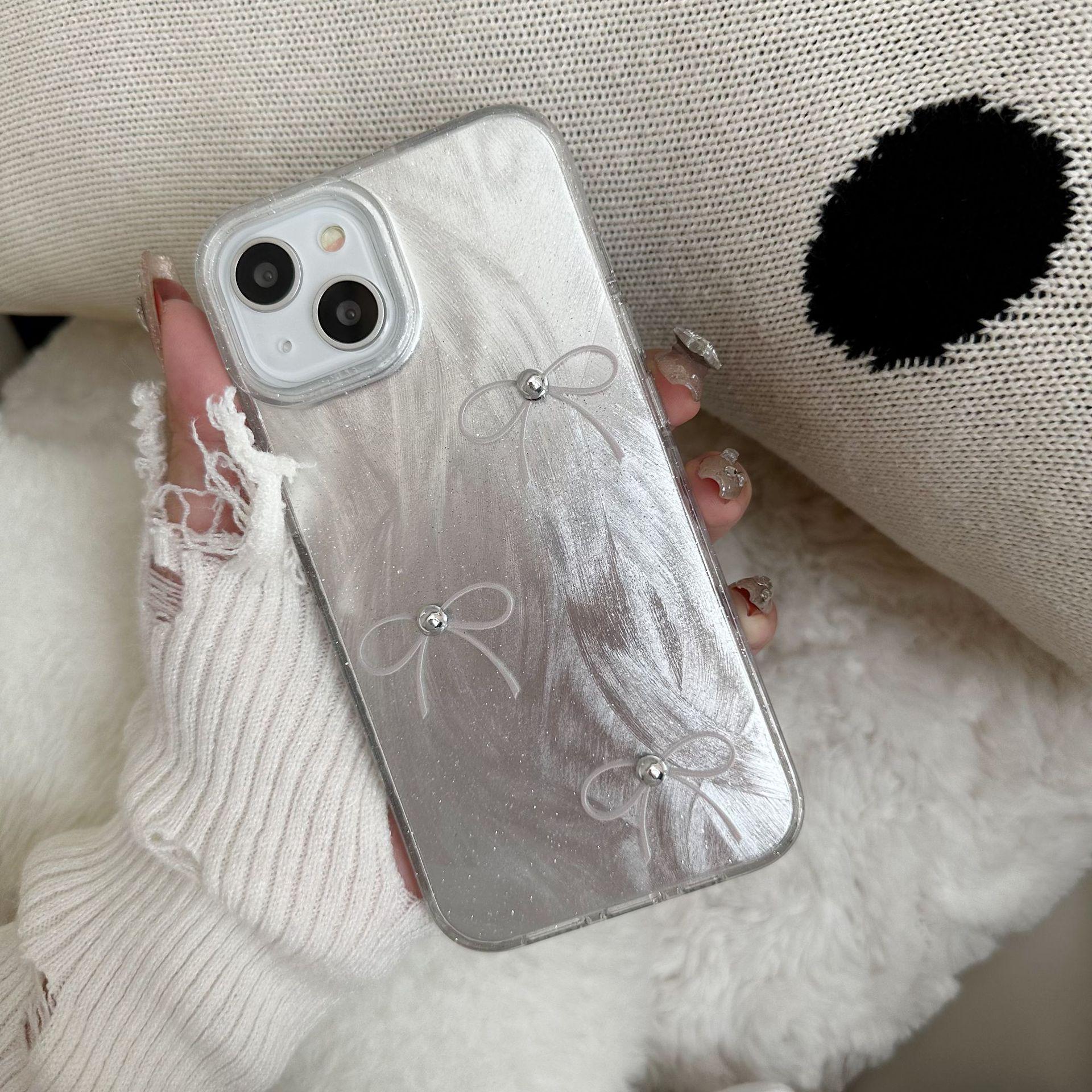 

French Pearl Bow Feather Gauze iPhone 16/17 Pro Max Case iPhone 13 Pro