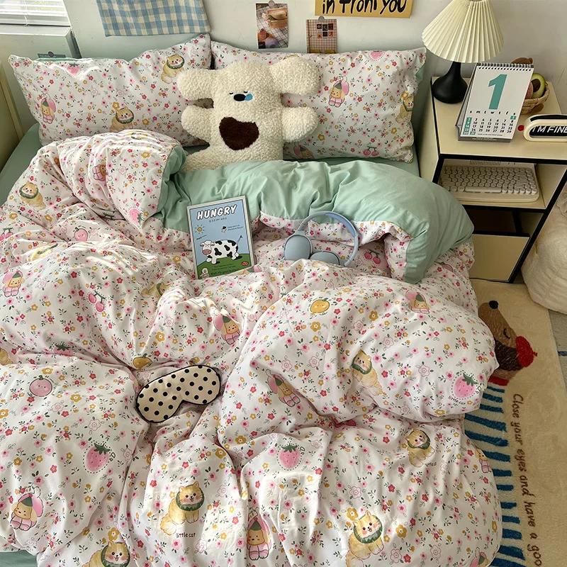 Cartoon Pattern Printed Super Soft Bedding Sets Washed Cotton Cozy Breathable Bedsheet with Pillowcase Adult Child Comfort Set