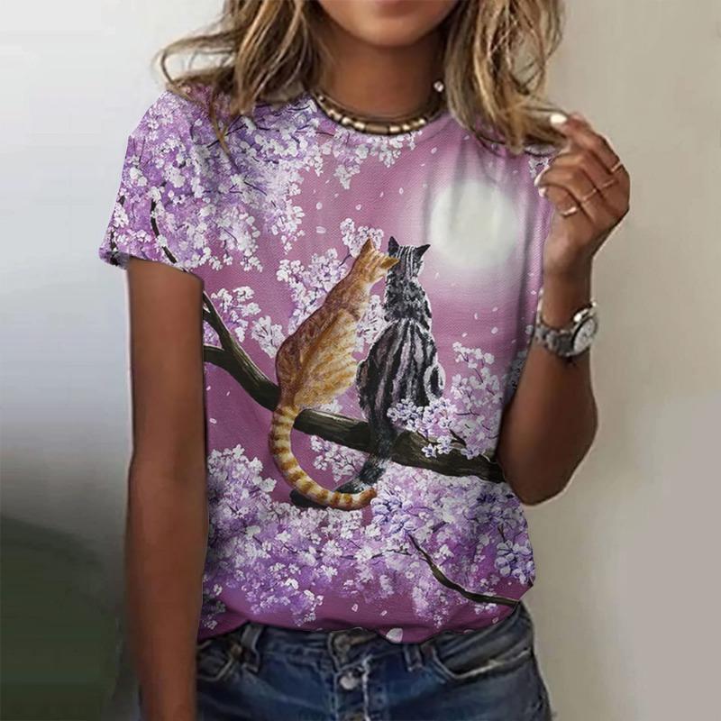 Summer Kitten Pattern 3D Printed Loose Casual Round Neck Short Sleeved T-Shirts Women’s
