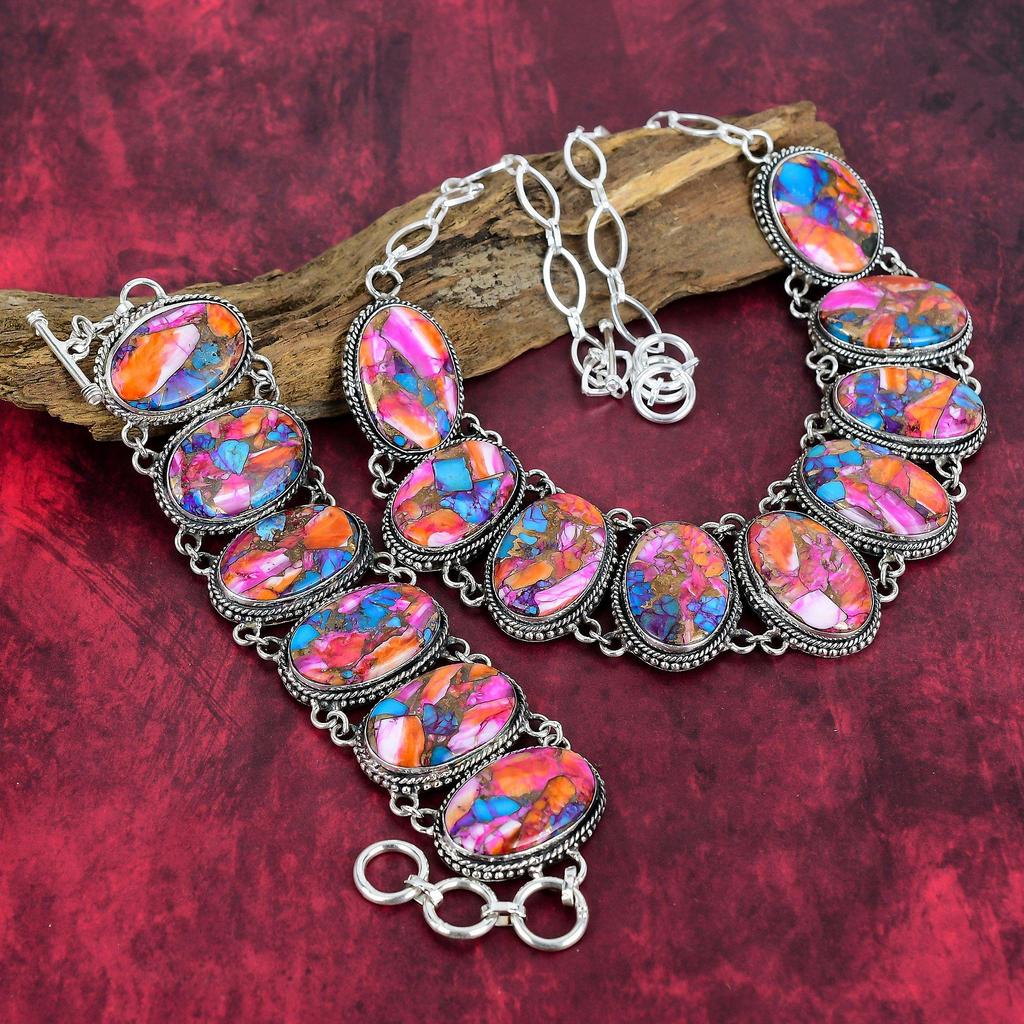 Pink Spiny Oyster Bracelet & Necklace Jewelry Set 925 Solid Sterling Silver Jewelry, Handmade Jewelry With Adjustable Gemstone Jewelry Set For Her