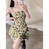 Women's Yellow Black Floral Print Mini Cami Dress Slim Fit Spaghetti Strap Party Dress