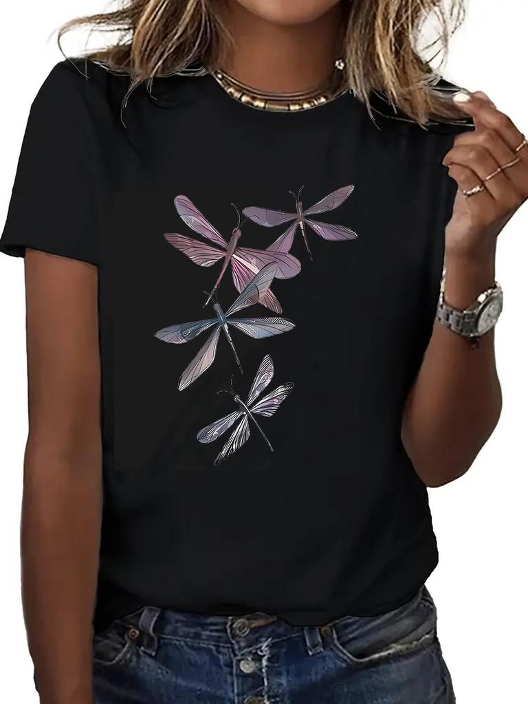 Vintage  T Shirt Women's Casual Short Sleeve T-Shirt Dragonfly Print Casual Summer Spring Women's Clothing Top Tee
