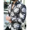 Cămașă Bărbați cu Imprimeu Floare de Bujor, Mânecă Lungă, Guler Slim Fit, Trendy Casual pentru Petrecere