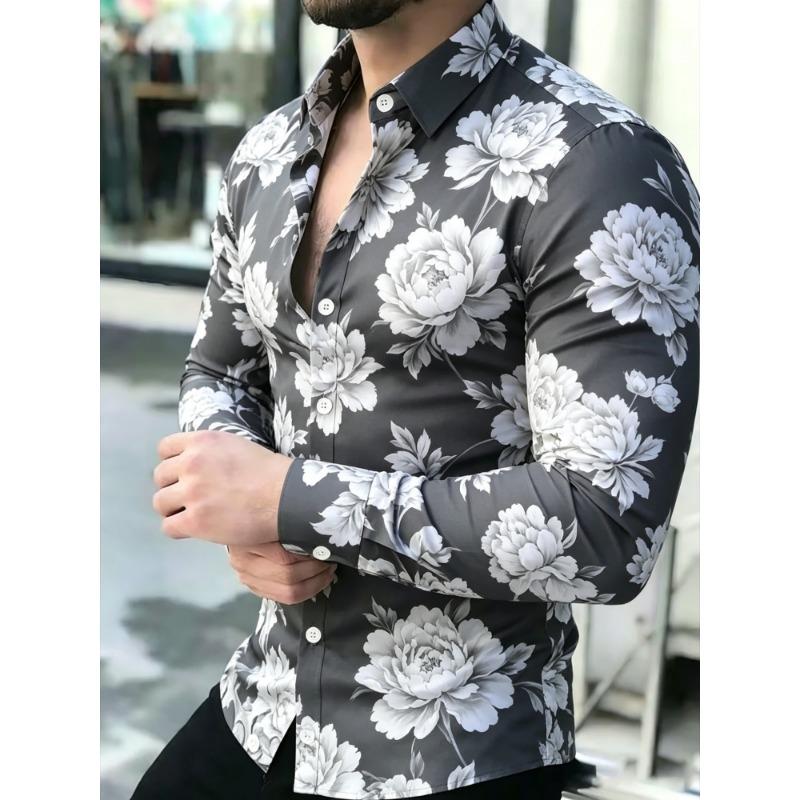 Cămașă Bărbați cu Imprimeu Floare de Bujor, Mânecă Lungă, Guler Slim Fit, Trendy Casual pentru Petrecere