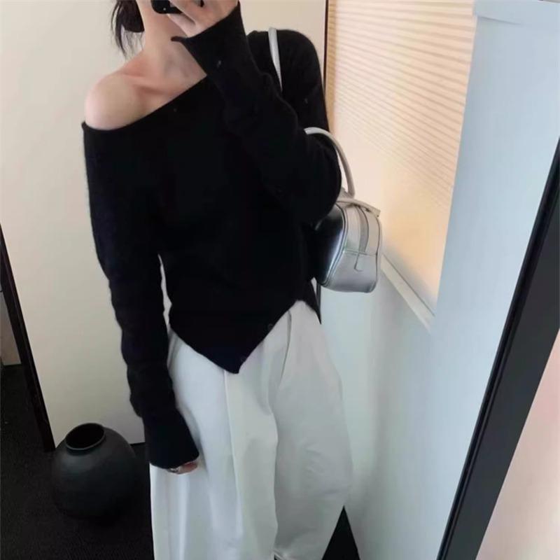 Elegant Loose Slanted Shoulder Knitted Pullover Striped Sweater Casual Gentle Autumn Women Fashion Long Sleeve Tops Loose Casual Office Thin Clothing