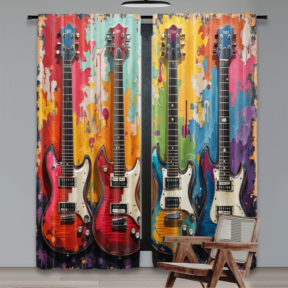 Set Of 2 Flat Printing Christmas Hot Party Curtains Vivid Guitars Digital Printed Polyester Drapes Holiday Decorations Use Curtain