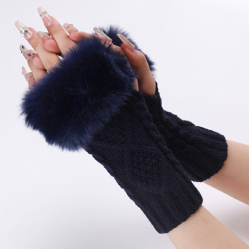 

Rhombus Short Furry Gloves New Arrival Fashion Fall and Winter Knitting Wool Gloves Female Oversleeve Knitting Heattech Fingerless Arm Sleeve Navy blue One size