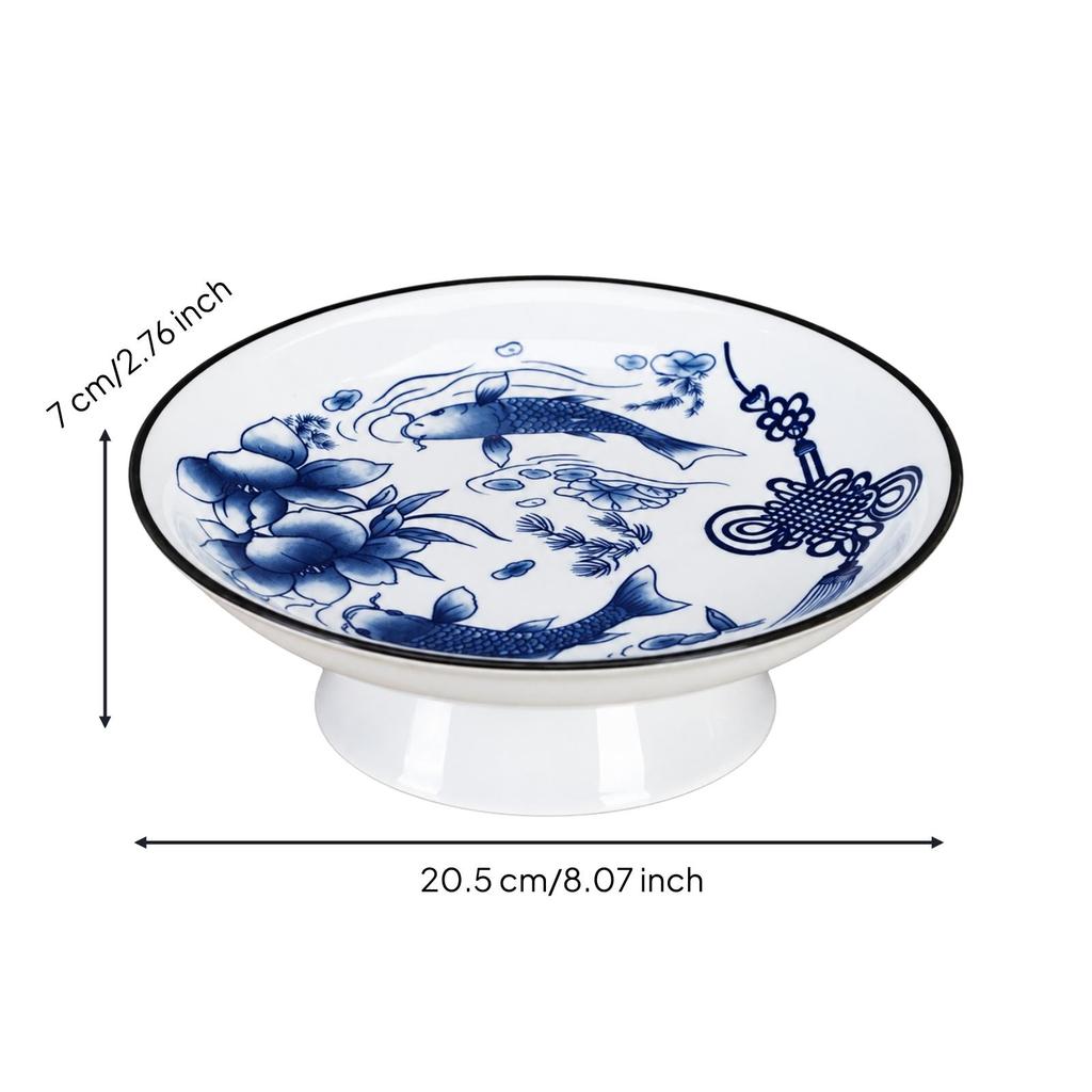 Ceramic Fruit and Snack Serving Plate with Pedestal Base Decorative Koi Fish