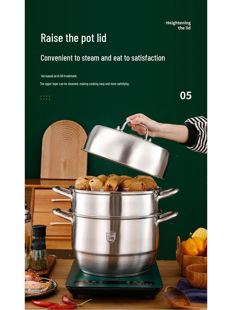 Extra Large 304 Stainless Steel Steamer with Glass Lid, 28-34cm, Dual/Triple Layer and Composite Bottom, Steel Handle