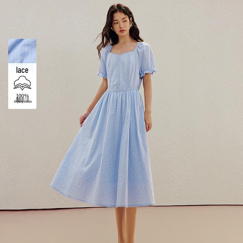 INMAN French Square Neck Lace Puff Sleeve Midi Dress S