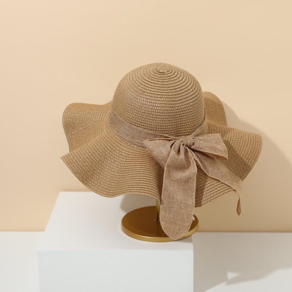 55-60cm Wide Brim Straw Beach Hat Fashion UV Protection Foldable Travel Sun Visor Cap with Bow Ribbons Portable Sun Protection